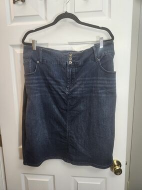 Torrid Dark Indigo Denim Midi Skirt with Triple Button Waist, 28 = 4X